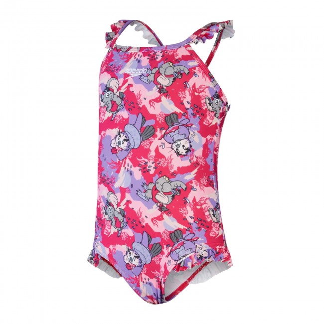 Speedo Girls Learn To Swim Printed Frill Thinstrap 1 Piece Swimsuit